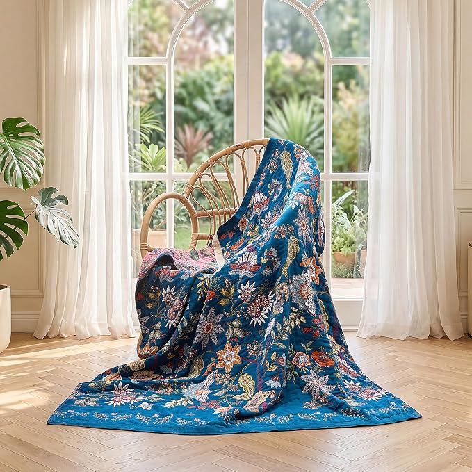 LUTBM Boho Throw Blanket for Bed 60"x80", All Season Cotton Couch Blankets | Blue Reversible Floral Jacquard, Muslin Gauze Twin Quilt, For Chair Sofa Bedroom Living Room Decor, Lightweight & Breathable