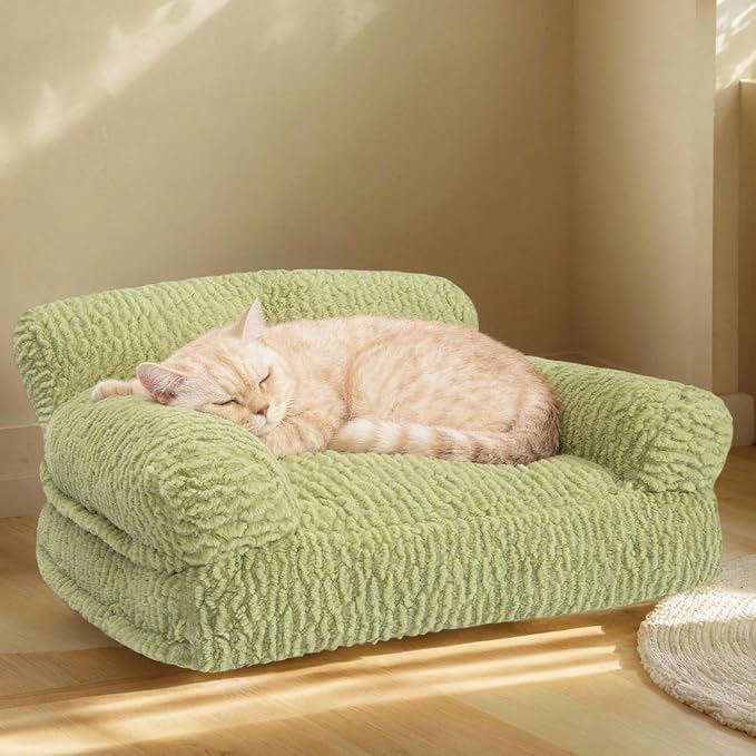 KHONSU PET Cat Couch Bed - Plush Fluffy Cat Sofa for Indoor Cats, Orthopedic Kitten Lounge Chair with Removable Washable Cover, Supportive Pet Couch, 24 inch, Green