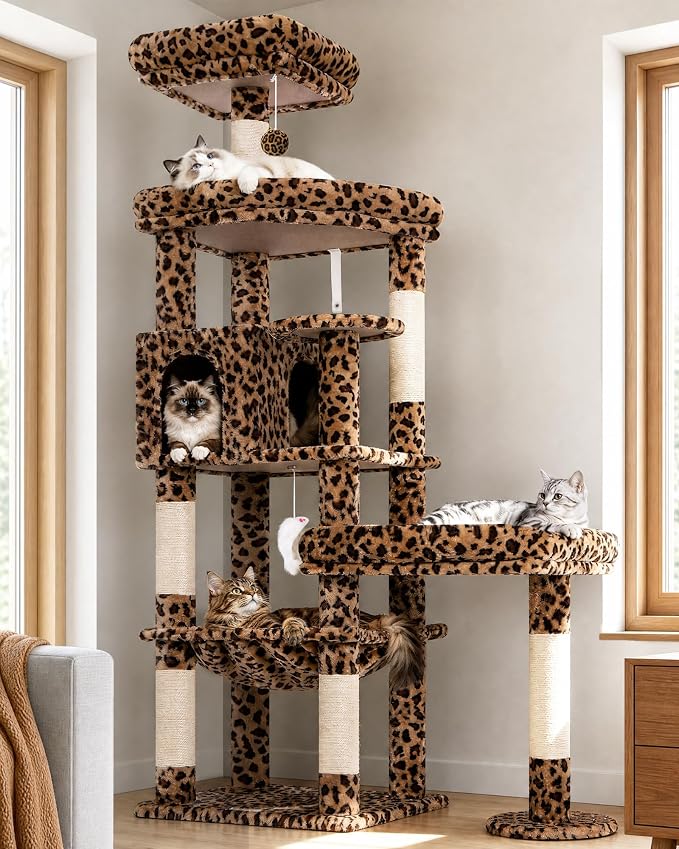 Globlazer Large Perch Leopard Cat Tree, 65in Sturdy Cat Scratching Tree for Indoor Cats Large Adult, Big Cat Tower with 3 Padded Perches, 6 Scratching Posts, Cat Condo, Hammock, S65, Leopard Print