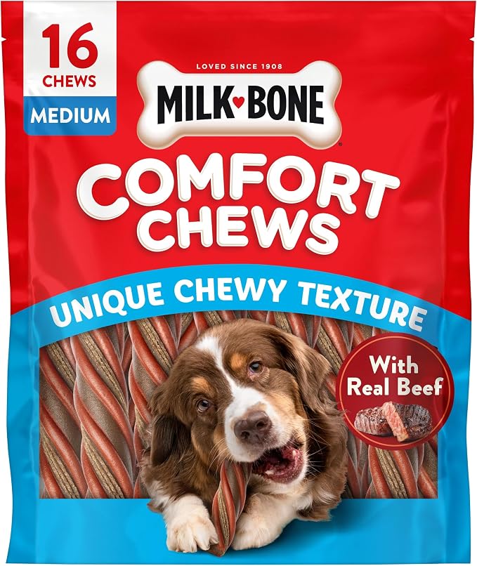 Milk-Bone Comfort Chews, Unique Chewy Texture & Real Beef, 16 Dog Chews | 40.8-oz. bag, For dogs 15-75 lbs., Rawhide-free dog chews, Made with real beef