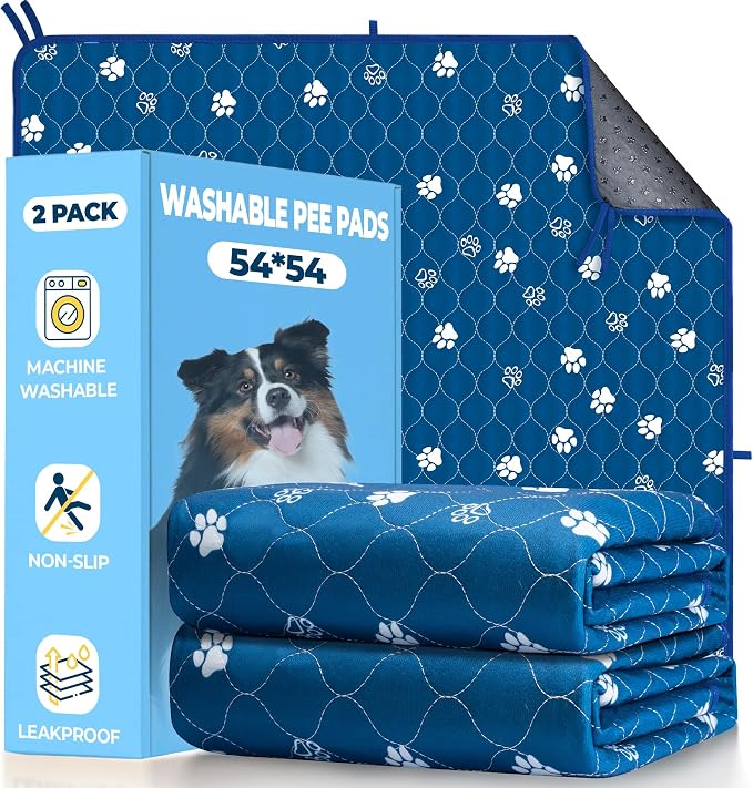 Fostanfly Washable Pee Pads for Dogs, Leak-Proof, 54"x54"-2 Pack, Blue | Ultra-Absorbent, Waterproof, Non-Slip, Large Reusable Pee Pads for Puppy Potty Training, Crate and Playpen with 8 Tie Straps
