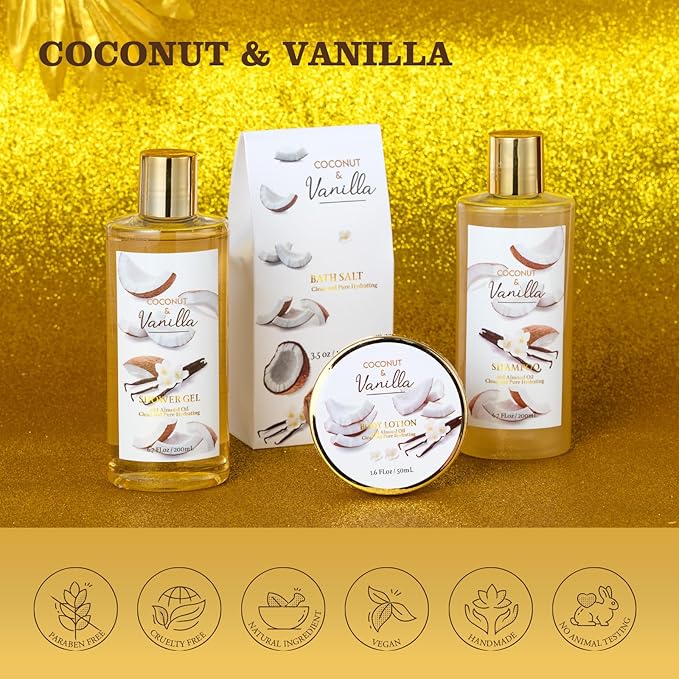 Mothers Day Gifts for Women and Men - 8-Piece Bath Kit Coconut Vanilla Bath & Body Gift Set for Women Self Care Spa Gift Baskets | Perfect Gifts for Mom, Birthday Gift, All Occasion Holiday Present