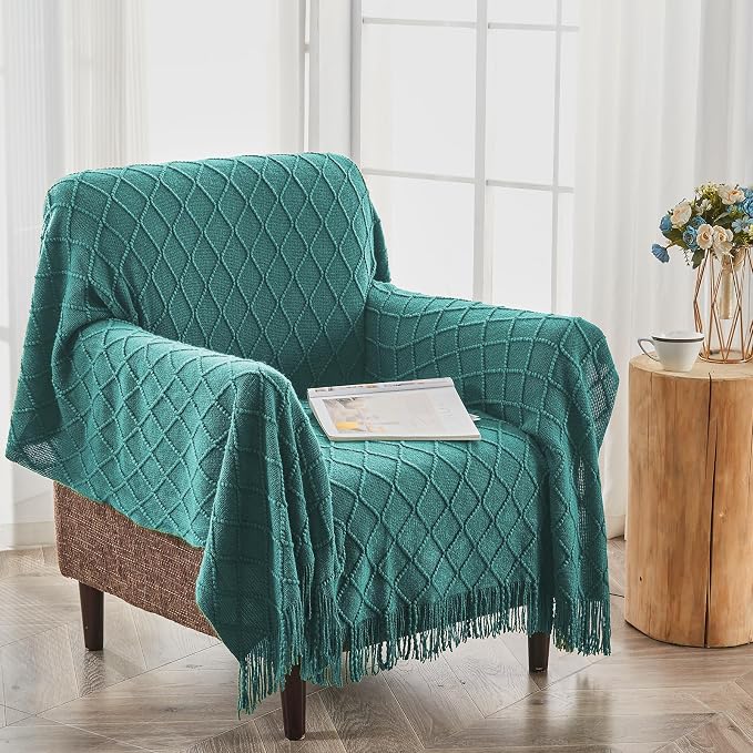 inhand Blue Knitted Throw Blanket for Couch and Bed, 60"x80" | Soft Cozy Knit Blanket with Tassel, Lightweight Decorative Blankets and Throws, Farmhouse Warm Woven for Men and Women