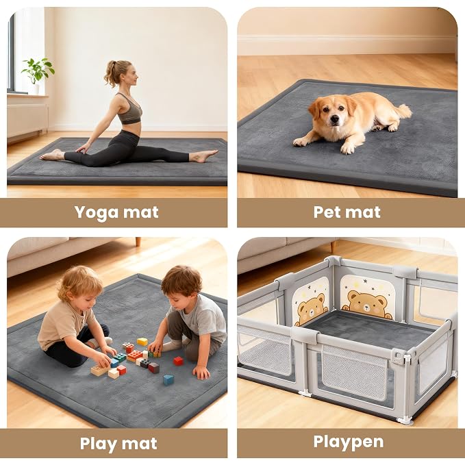ACOMOPACK Baby Play Mat for Floor,1.3" Thick Elasti-Foam 59"×71" Non-Slip Water Repellent,Non-Toxic Playpen Mat for Infants Toddlers Kids, Ultra Soft Coral Velvet for Tummy Time Crawling（Dark Grey）