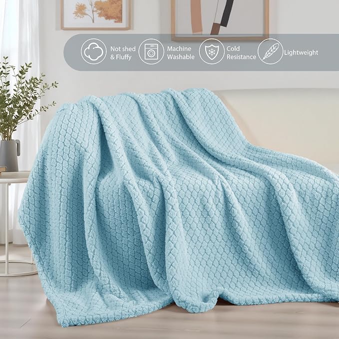 Exclusivo Mezcla Soft Fleece King Size Blanket for Bed, Light Blue | Jacquard Lightweight Cozy Bed Blanket, Breathable Decorative Fuzzy Textured All Season Use, 90x104 Inches