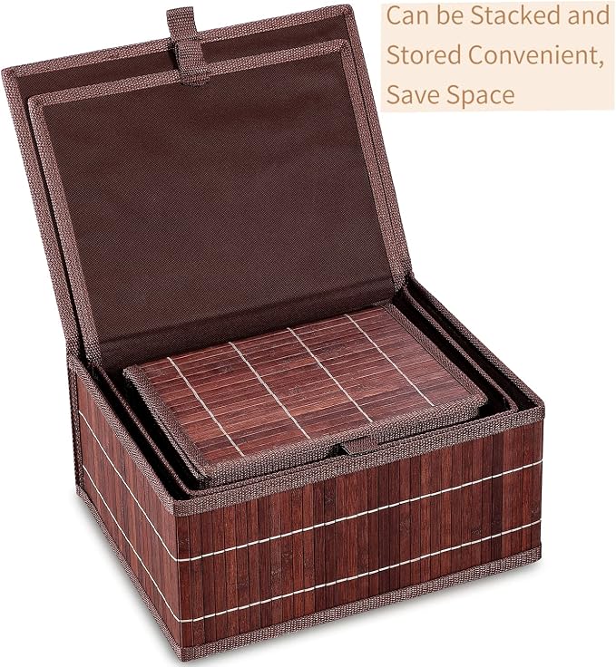 Honygebia Bamboo Decorative Storage Boxes - Set of 3 Woven Lined Storage Basket with Lids, Retro Brown Wicker Lidded Baskets for Home Kitchen Shelf Organizer Decor