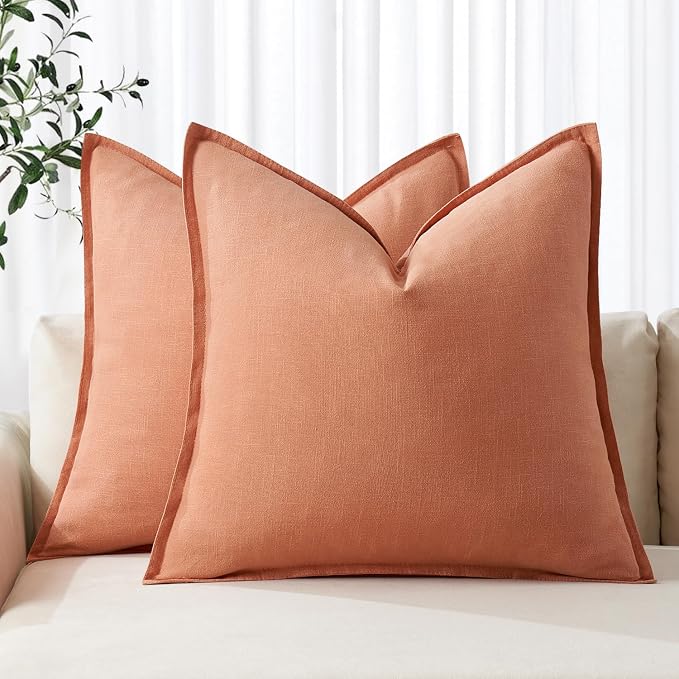MIULEE Decorative Linen Pillow Covers 20x20 Inch Coral | Boho Farmhouse Neutral Couch Throw Pillows for Bed, Pack of 2 Accent Modern Pillowcases, Sofa Livingroom Home Decor