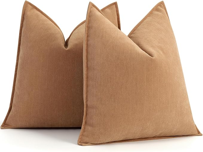 Camel Pillow Covers 22x22 Set of 2 Chenille Throw Pillow Covers with Elegant Design Soft and Luxurious Decorative Throw Pillows for Couch, Bed, and Home Decor