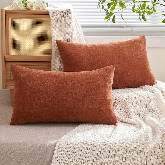 MIULEE Fall Rust Chenille Couch Lumbar Throw Pillow Covers, 12x20 | Set of 2, Soft Farmhouse Modern Home Decor, Decorative Pillowcases for Sofa Living Room Bed