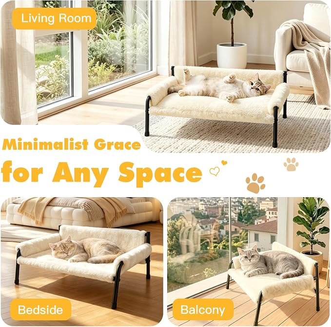 Pawaboo Elevated Cat Couch Bed for Indoor Cats, Sturdy Metal Frame Cat Sofa | Cat Bed Furniture with Removable Washable Cover, Reclined Backrest, Fluffy Raised Pet Sofa Kitten Hammock Chair Home, Beige
