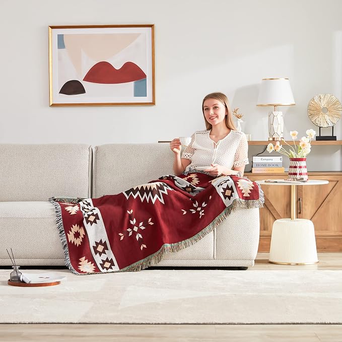 Native American Blanket Boho Throw Blanket for Sofa and Bed, Mexican Decorative Farmhouse Blanket, Southwest Decor Woven Blankets, Aztec Throw Blankets Bohemian with Tassel(Wine,50×60 inch)