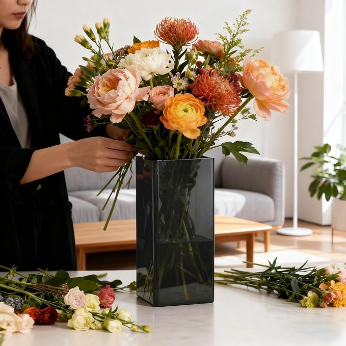 Acrylic Square Flower Vase, Non-breakable Vase, 5" x 5" x 12" Tall Grey Vases for Flower, Large Cube Floral Plant Container, Planter Terrarium for Wedding Party Event, Home Office Decor