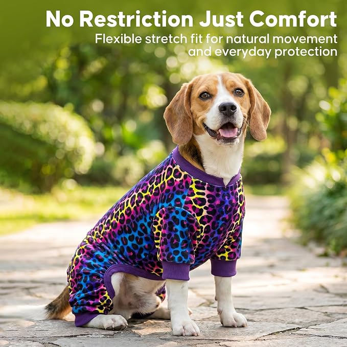 KYEESE Velvet Dog Pajamas for Small Dogs Soft Onesie Shirt, Leopard | 4-Way Stretch, Lightweight & Breathable, Reduces Shedding, Gentle on Sensitive Skin, Recovery Support, Easy Potty Breaks
