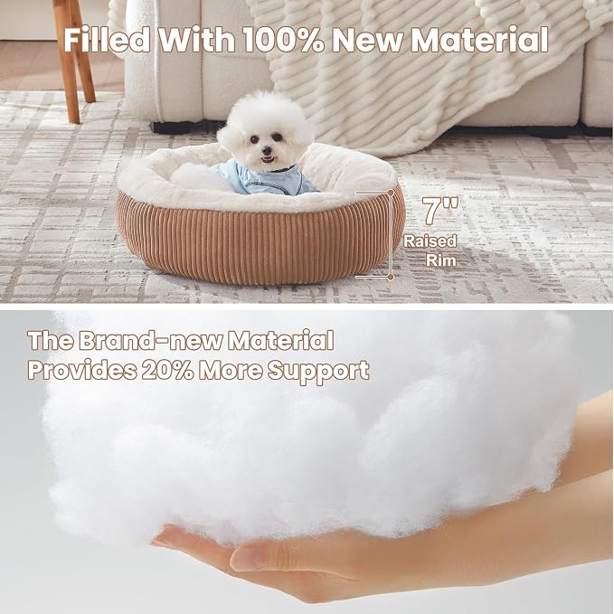 23 inches Calming Donut Dog Bed for Small Dogs,Brown | Round Puppy Pet Bed with Removable&Washable Cover,Plush Faux Fur & Corduroy, Fits Pets up to 15 lbs