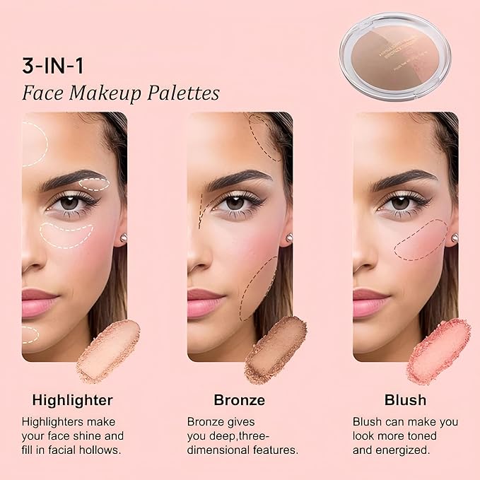 Baked Blush Highlight Bronze Powder 3-in-1 Contour Palette Sculpt Satin Silky Smooth Makeup Palettes Powder (002-Light)
