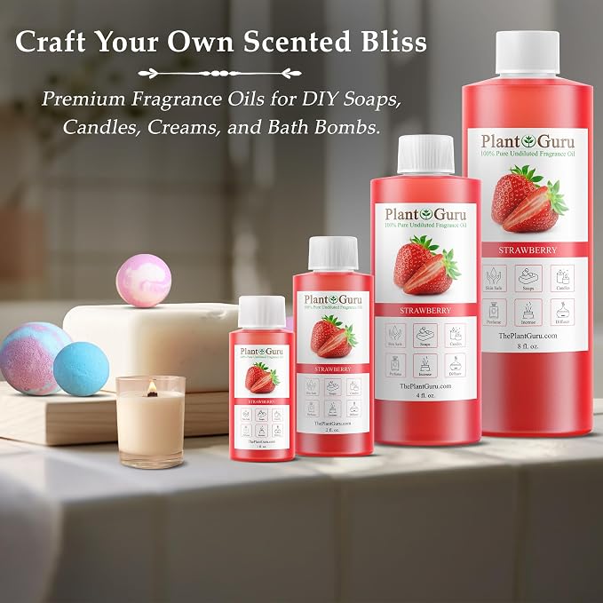 Strawberry Fragrance Oil 4 fl. oz. Scented Oil for DIY Soap Making, Candles, Bath Bombs, Body Butters. Used in Aromatherapy Diffusers, Burners and Warmers. Great Addition to Lotions and Creams.