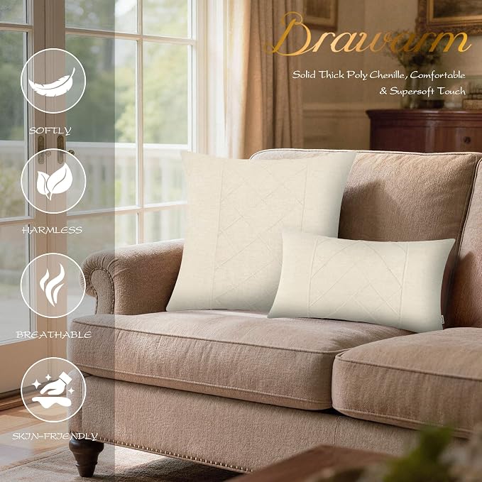 BRAWARM Chenille Throw Pillow Covers 12x20 Inches, Cream, 2 Pack | Decorative Lumbar Pleated Pillow Covers, Soft Cushion Cases for Sofa Bed Living Room Home Farmhouse (No Insert)