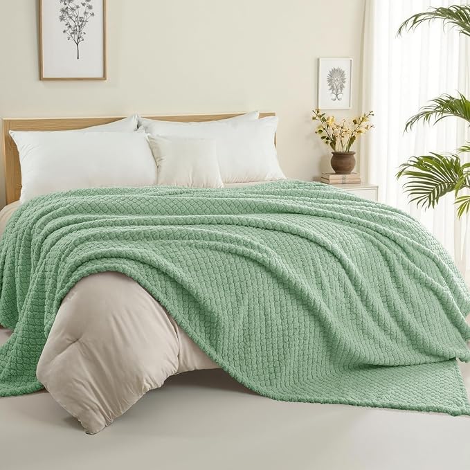 Exclusivo Mezcla Soft Fleece Queen Size Blanket for Bed, Sage Green | Jacquard Lightweight Cozy Bed Blanket, Breathable Decorative Fuzzy Textured All Season Use, 90x90 Inches