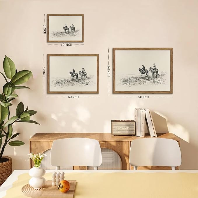 Framed Western Wall Art, Cowboys on Horses Sketch Picture Print, Western Wall Decor, Vintage Country Farmhouse Western Cowboys Canvas for Living Room Bedroom Home 12x16 inch