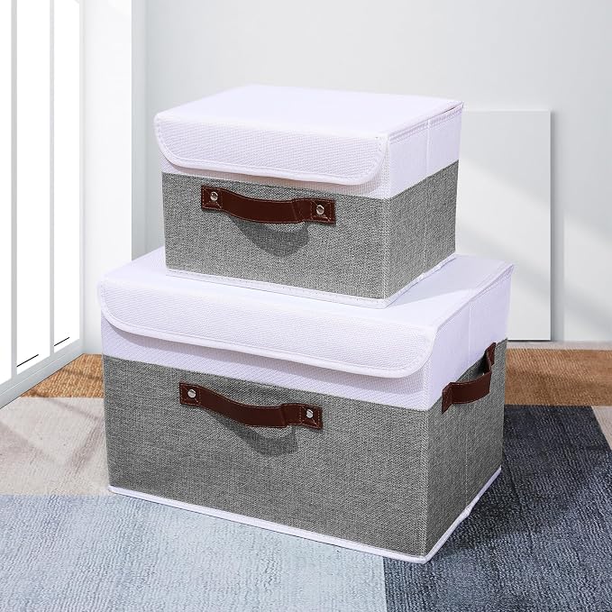 ANMINY Fabric Storage Box Bins with Lids, Gray White, 13"x9"x7.9", 2 Pack | Keepsake Memory Storage, Cotton Linen, PP Board Reinforced, Washable, PU Handles, Foldable & Stackable, Decorative, Medium