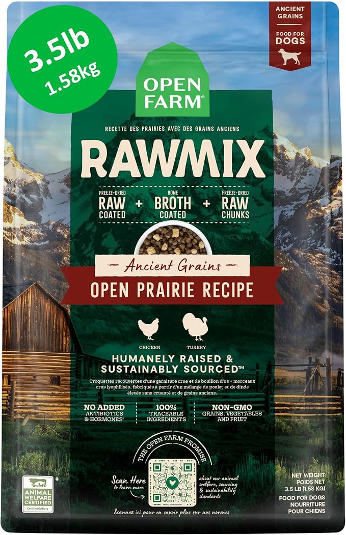 Open Farm RawMix Ancient Grains Dry Dog Food, Open Prairie Kibble, 3.5lb | Humanely-Raised Chicken and Turkey, Freeze Dried Raw Chunks, 100% Traceable Ingredients, Non-GMO Fruits & Veggies, 3.5lb Bag.