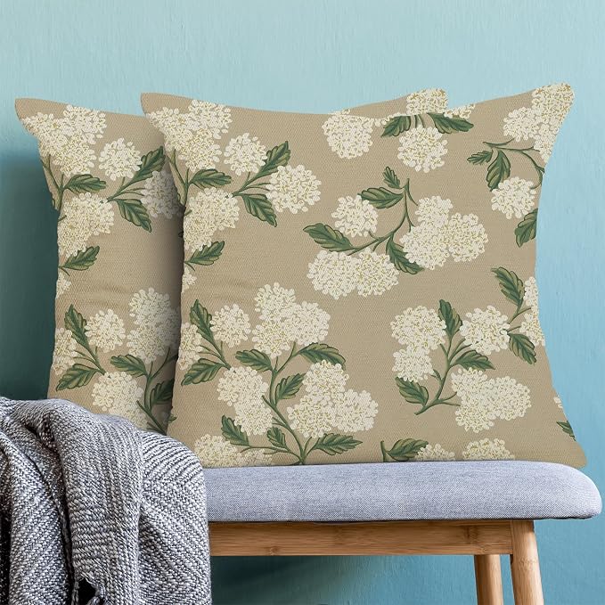AEIOAE Spring Pillow Covers 22x22 Inch Set of 2, Beige Green Hydrangea Flower Throw Pillows Case,Floral Summer Outdoor Seasonal Decorative Farmhouse Decor Cushion Covers for Home Sofa Bed Couch