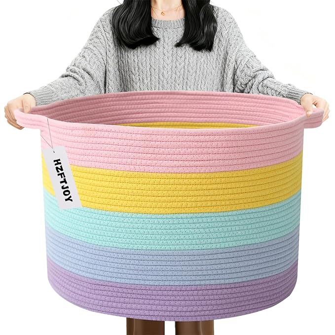 90L Large Blanket Basket,Rope Woven Laundry Basket-Colorful | Collapsible, reinforced handles, nursery storage bin organizes clothes, toys and pillows for living room, bedroom bathroom