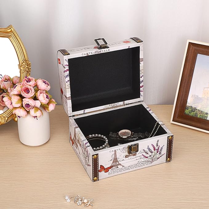 ELLDOO Decorative Treasure Chest Box, Wooden + PU Leather Storage Box for Jewelry Trinkets, Keepsakes box for Girls Women Gifts (Tower + Lavender Pattern)