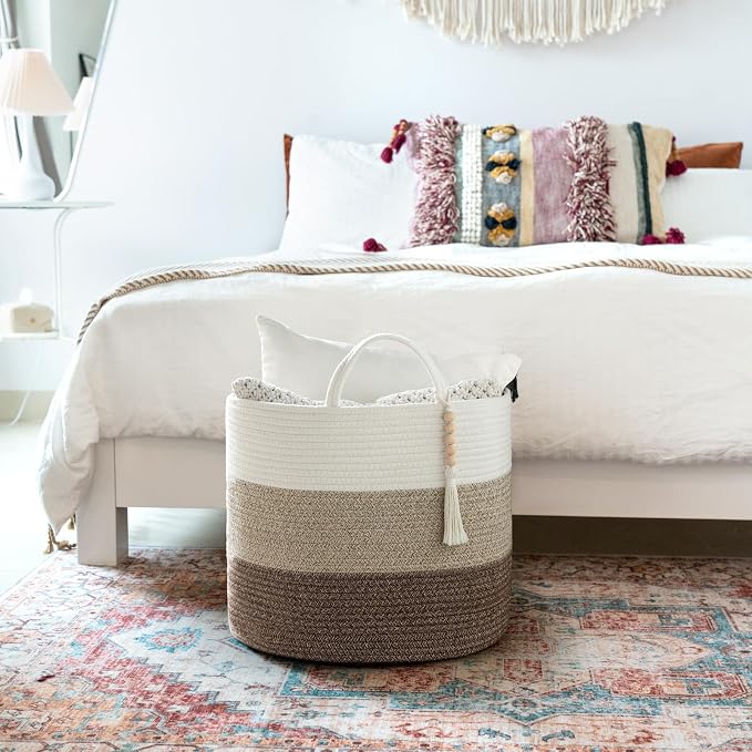 Mkono Woven Storage Basket for Blanket, Toys Plant Organizer, 16"W x 13.8"L | Gradient Brown, Decorative Basket with Handle, Wood Beads Tassel, Shoes Clothes Storage Bin, Living Room Bedroom Nursery