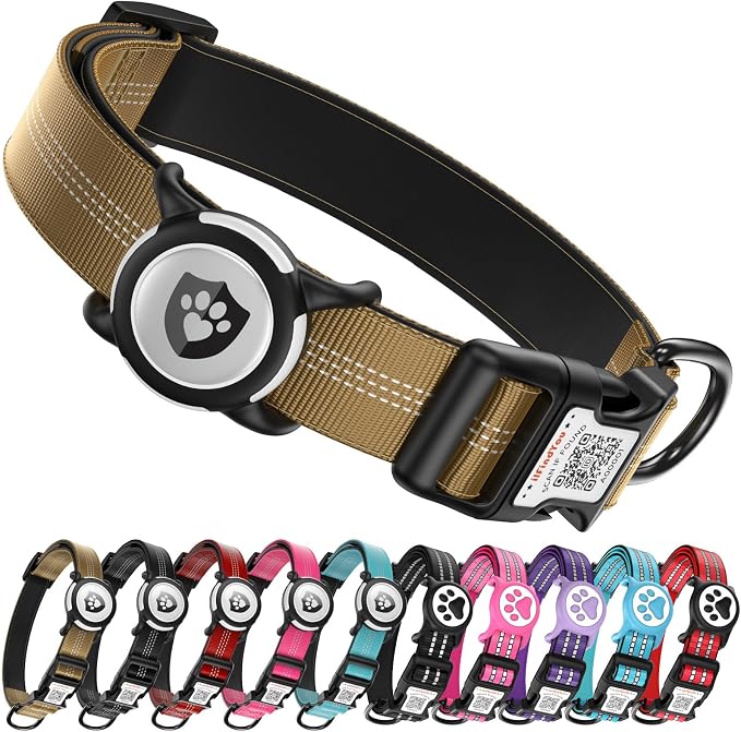 Waterproof AirTag Dog Collar with QR Code Dog Tag, Champagne L | IP68 waterproof, QR code dog tag, Anti-Lost, Online profile, fits XS-L (8"-26"), Padded nylon, Reflective, No App, No Fees