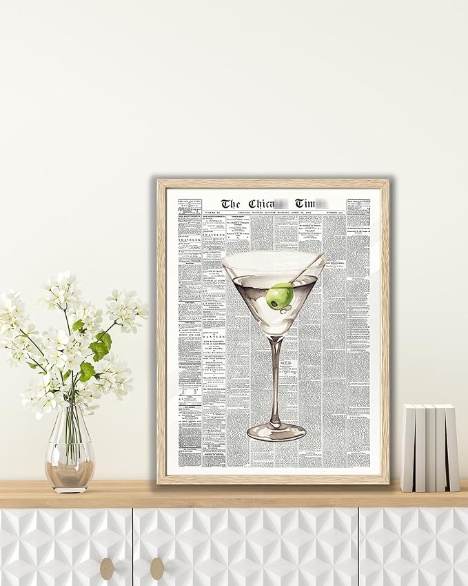 EcoHest 12x16 in Martini Newspaper Framed Wall Art for Bar Cart | Natural Oak Wood Frame, Canvas Wall Art, Martini Cocktail Bar Cart Decor for Living Room, Apartment, Dorm Room, Bedroom,1Pack