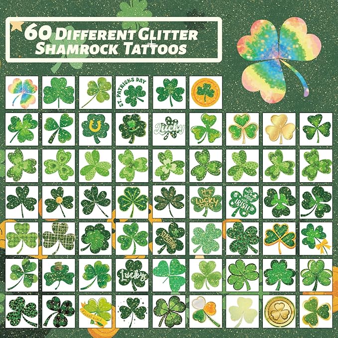 winthrop 240 Pcs Glitter Shamrock Temporary Tattoos for Kids, Individually Wrapped Safety Waterproof Tattoos, Best Choice for St Patrick's Day Classroom gadgets Matching Game Irish Party, 60 Designs