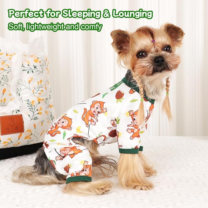 DaFuEn Dog Pajamas for Small Dogs, Soft Stretchy 4 Legs Puppy Jumpsuit, All Season Cozy Pet PJs for Chihuahua Yorkie Teacup Dogs, Cat Clothes (Brown Monkey, XS)