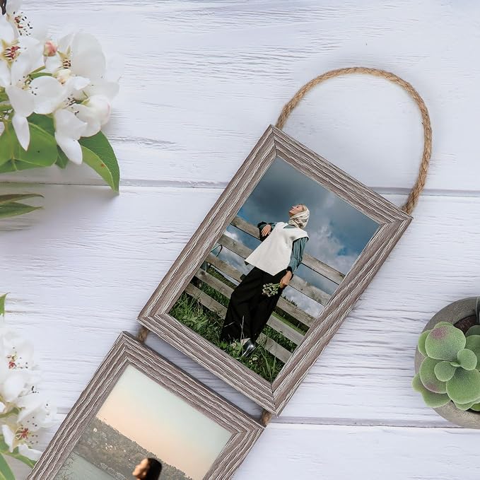 QUTREY 4x6 Collage Picture Frames, 6 Openings Vertical Hanging Photo Frame Set of 2, 4 by 6 inch Multi Picture Frames for Wall Decor, Rustic Grain
