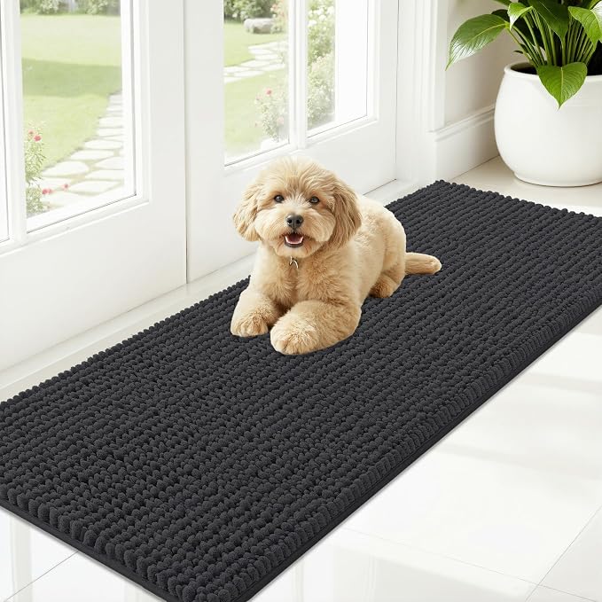 OLANLY Dog Door Mat for Muddy Paws 59x20, Extra Absorbent Chenille Mud Mat | Dark Grey, Absorbs Moisture and Dirt, Non-Slip Machine Washable Doormat, Quick-Drying Indoor Entryway Floor Mat for Dogs