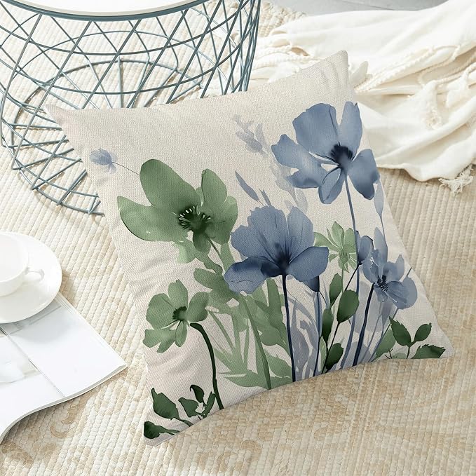 Spring Floral Pillow Covers 20x20 Inches Set of 2 Green Blue Floral Throw Pillow Cover Outdoor Rustic Summer Flower Decoration Pillowcase Farmhouse Square Decorative Cushion Cover For Home Sofa
