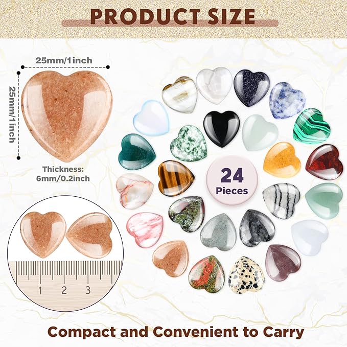 Nuenen 24 Pcs 1 Inch Valentines Natural Heart Stones Bulk 25mm Love Healing Crystals Gemstones Pocket Polished Palm Worry Chakra Stones for Stress Reiki Balancing Yoga Meditation