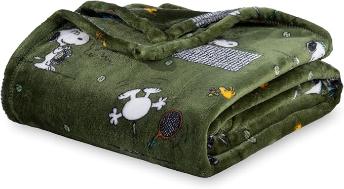 Berkshire Blanket Peanuts® VelvetLoft® Cute Character Snoopy Plush Oversized Throw Blanket, Peanuts Snoopy the Tennis Star Olive Green (50in x 60in)