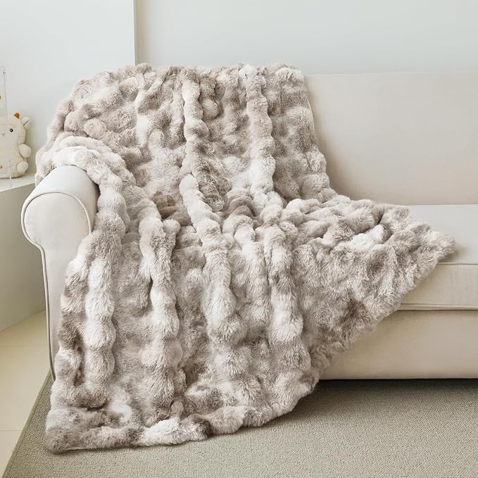 Faux Rabbit Fur Throw Blanket for Couch Gifts for Mom 50"x60" Tie-dye Khaki | Cozy Reversible Fluffy Throw, Luxury Plush Thick Bubble Blanket, Mothers Gifts for Women, Soft Warm for Bed, Home Decor