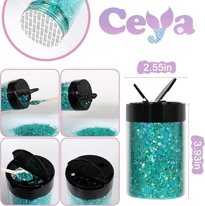 Ceya Holographic Chunky Glitter, 4.9oz/ 140g Cyan Craft Glitter Powder Mixed Fine Flakes Iridescent Nail Sequins for Nail Art, Hair, Epoxy Resin, Tumblers, Slime, Painting, Festival Decor