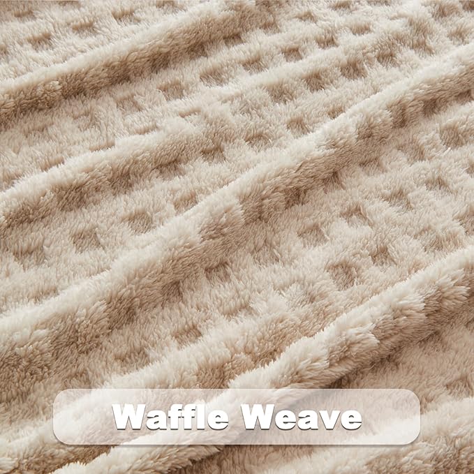NEWCOSPLAY 3D Waffle Checkered Flannel Queen Blanket, Linen, 90"x90" | Super Soft Cute Lightweight Decorative Premium Silky Fleece Blanket for Couch Sofa Bed, Gift for Women Men, All Season Use
