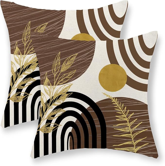 Boho Brown Pillow Covers 18x18 Set of 2 Brown Gold Leaf Tropical Decor Mid Century Throw Pillows Outdoor Bohemian Decorative Pillowcase Farmhouse Abstract Modern Cushion Case for Couch Sofa