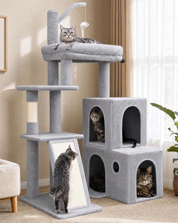 Globlazer Cat Tower for Indoor Adult Cats, 50-inch Heavy Duty Cat Tree House for Big Cats with Extra-Large Padded Platform, Sisal Scratching Board, 2 Large Condos, F50, Light Grey