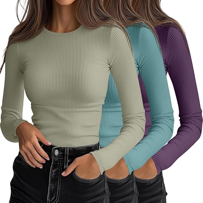 Ficerd 3 Pack Women's Ribbed Long Sleeve Tops, Crew Neck Slim Fit Undershirts Knit Basic Casual Stretch Layering Tee Shirts