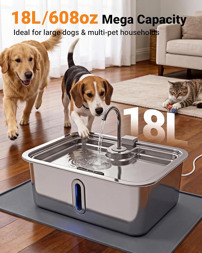 18L/4.76Gal Extra Large Dog Water Fountain with Silicone Mat & 3 Filters | Quiet Pet Water Fountain for Large Breeds, Stainless Steel Dog Water Bowl Dispenser with Visible Window & Alert Light