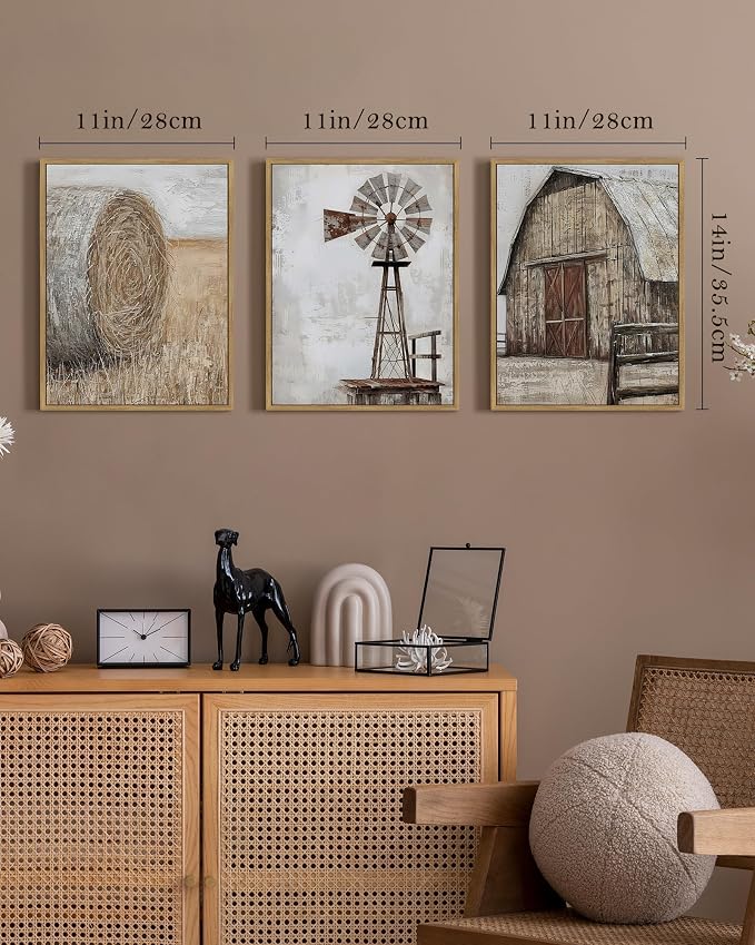 Drsoum Farmhouse Wall Art Vintage Rustic Windmill Barn Cornfield Pictures Framed Painting Landscape Countryside Rural Canvas Artwork Home Decor Ready to Hang 11x14in - Natural Framed