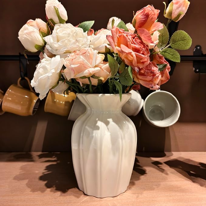 White Vase, 7.9 Inch Ceramic Vase for Flowers, Flower Vase for Centerpieces, Cute Vases for Home Decor, Farmhouse Ceramic Flower Vase for Living Room Shelf Table Cabinet Wedding