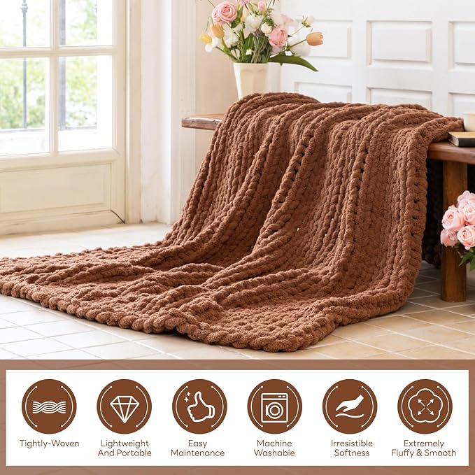 Chunky Knit Blanket - Luxury Soft Cozy 60 * 80 Throw Blanket,100% Woven Blanket Rope Knot Throw Blanket for Couch, Sofa, Home Decor, Gift - Machine Washable (Reddish-Brown, 60 * 80)