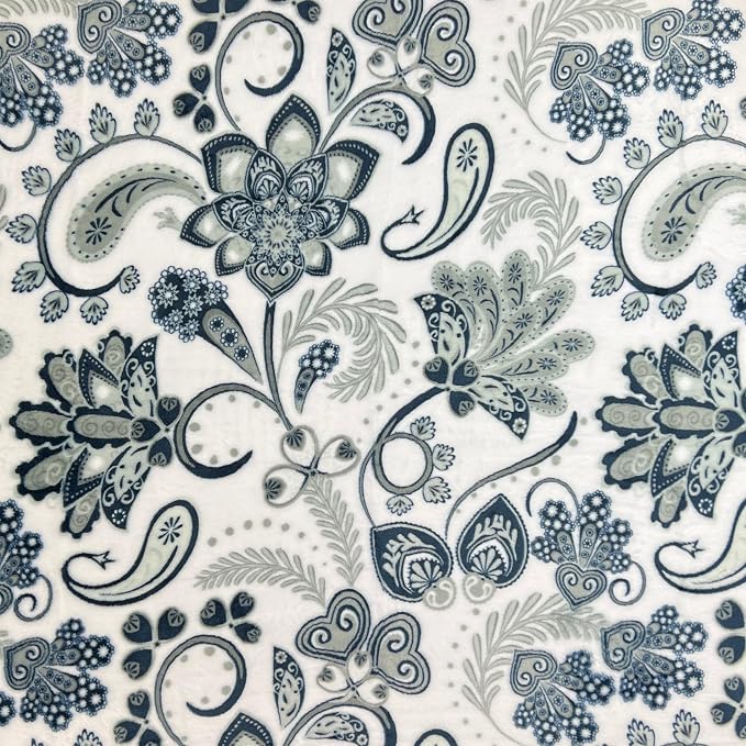 Soft Fleece Throw Blanket, Blue Grey Paisley Boho Damask, 50x70, Oversized | Hues of Gray & Navy in Elegant Floral Design, Accent For Living Room or Bedroom on Sofa Couch Bed Chair