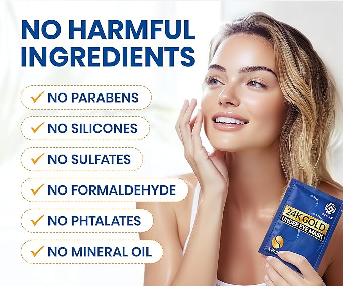 Stylia Under Eye Patches for Puffy Eyes and Dark Circles (15 Pairs) - 24k Gold Under Eye Mask with Vitamin C, Hyaluronic Acid, Pearl Extract - Eye Masks for Dark Circles and Puffiness
